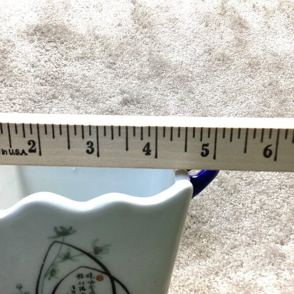 Vintage Chinese Porcelain Vase Planter With Blue Handles & Floral Bamboo Design - Picture 6 of 7